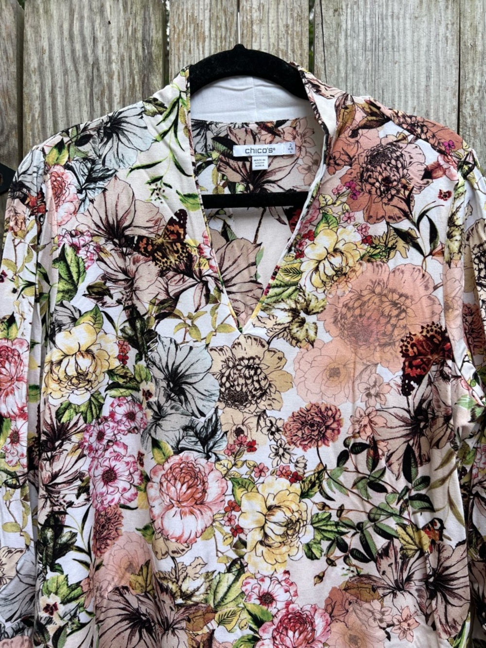 CHICOS Floral Butterfly 3/4 Sleeve Cotton Tan Women’s 2 Medium - Picture 4 of 10